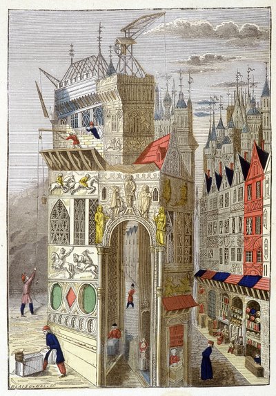Vista de uma rue de Paris no século XV, com as suas casas em estilo de meia-lua e uma igreja em construção. de Unknown artist