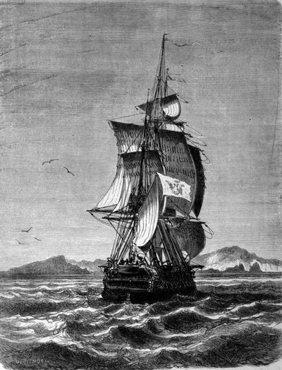 Vista da fragata austríaca Novara em frente à Ilha de São Paulo, no Oceano Índico, em 1857. Gravura do século XIX de Unknown artist