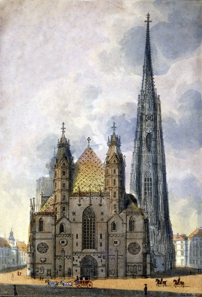Vista da Catedral de St. Stephen (St. Stephen ou Stephansdom ou St. Stephane ou St. Stephan Kirche) de Viena, na Áustria, no final do século XVIII. de Unknown artist