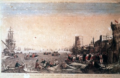 Vista da Cidade e do Porto de Tunes em barbaridade no Mar Mediterrâneo - Piratas capturados que chegam ao Porto de la Goulette em Tunes. Gravura do século XVIII. de Unknown artist