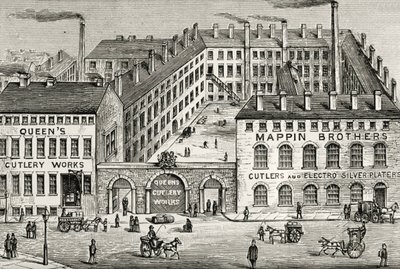Vista da fábrica de cutelaria Mappin Brothers em Londres. Pormenor do anúncio de 1891. Gravura. de Unknown artist