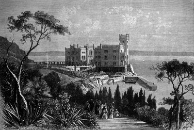 Vista do castelo de Miramare em Trieste (durante o período austríaco), gravada a partir de 1885 de Unknown artist