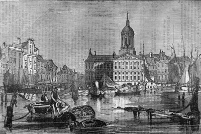 Vista da cidade de Amesterdão e da antiga Câmara Municipal no século XIX. de Unknown artist
