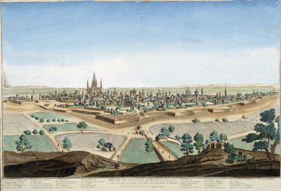 Vista da cidade de Milão, Itália, com a catedral e as fortificações. Gravura do século XVIII. de Unknown artist