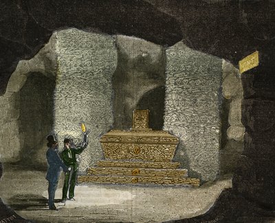 Vista do ossuário das catacumbas de Montsouris em Paris. Gravura de 1856 em "Le Musee Des Sciences". de Unknown artist