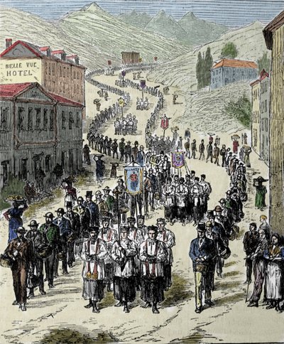 Vista da procissão desde a estação até a gruta de Lourdes nos altos Pirinéus, onde a Virgem apareceu a Bernadette Soubirous (1844-1879) em 1858, atual lugar de peregrinação. Gravura do século XIX de Unknown artist
