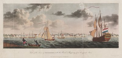 Vista da cidade de Paramaribo, com a estrada e a navegação a partir da margem oposta de Unknown artist