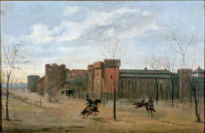 Vista sobre o castelo de Sforza com treino de cavalaria (pintura de Unknown artist