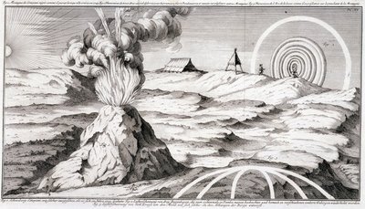 Vulcão na montanha de Cotopaxi - em "Viagem Histórica da América do Sul feita pela Ordem do Rei de Espanha por Don George Juan e Don Antoine de Ulloa", T.1, no C.A. Jombert, Librairie du Roi, Paris de Unknown artist
