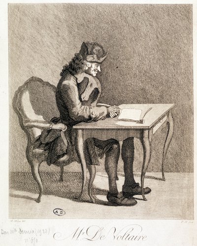 Voltaire na sua mesa de trabalho - gravura de Unknown artist