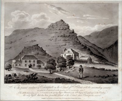 Vista da ilha de Sainte Helene (Ile Sainte-Helene) Gravura do século XIX Malmaison. Museu do Chateau de Unknown artist