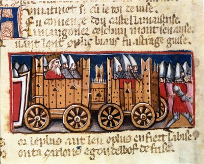 Máquinas de guerra, precursor do tanque de armas, usado por Carlos Magno contra os Mouros de Espanha - em "Entrada de Espanha", manuscrito do século XIV. Biblioteca Marciana, Veneza. de Unknown artist