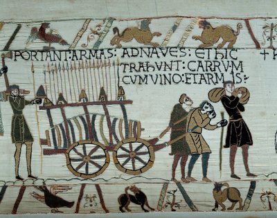 Armas e vinho são trazidos para os navios durante o reabastecimento para a conquete da Inglaterra pelas frotas de Guilherme o Conquistador (1027-1087) em 1066 Detalhe da tapeçaria de Bayeux ou Bordados da Rainha Mathilde de Unknown artist