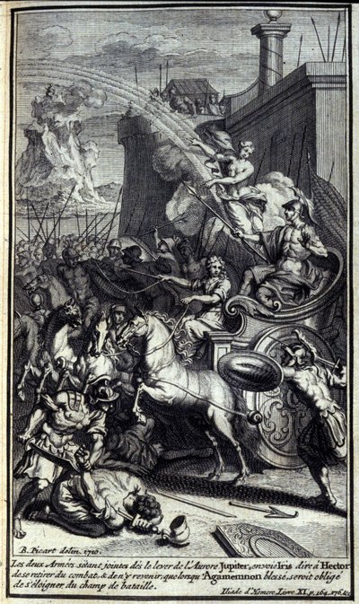 Com os dois exércitos unindo-se à ascensão da aurora, Júpiter enviou Iris para dizer a Hector que se retirasse da batalha e que voltasse somente quando Agamémnon sofresse, seria forçado a se afastar do campo de batalha. Ilustração do livro XI da Ilíada de  de Unknown artist