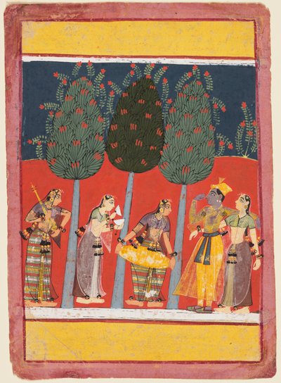 As mulheres tocam música para Radha e Krishna: Chitrini Nayika, de um Rasikapriya de Unknown artist