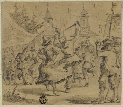 Mulheres e soldados a dançar na praça da aldeia de Unknown artist