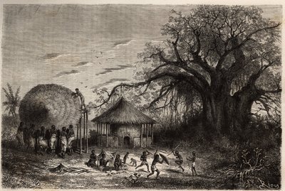 Mulheres das margens do Zambeze acenando cabanas e em primeiro plano, brincadeiras de crianças. Gravura para ilustrar as primeiras viagens do Dr. Livingstone à África Austral de 1840 a 1856, na "Le tour du monde, nouveau journal des voyages" publicada sob  de Unknown artist