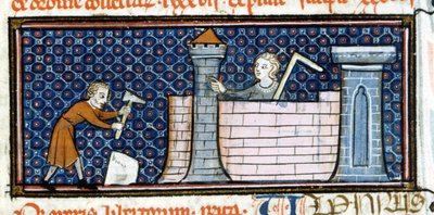 Trabalhadores construindo um mosteiro fortificado, miniatura de meados do século XIII. Biblioteca Trivulziana. de Unknown artist