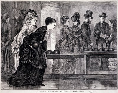 Mulheres jovens jogando boliche, nos Estados Unidos, por volta de 1870 - gravura de Unknown artist