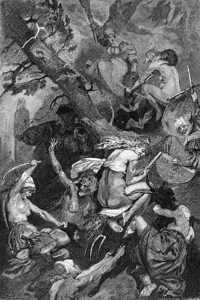 celebração da Noite de Walpurgis, por bruxas num sábado. Gravura do século XIX de Unknown artist