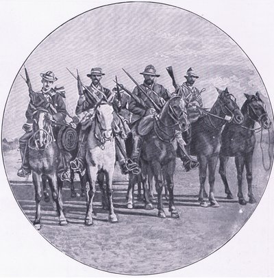 Boers armados com espingardas e guarda-chuvas, de After Pretoria: The Guerilla War publicado pela Harmsworth Bros Limited de Unknown photographer