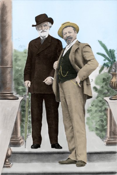 Giuseppe Verdi, compositor italiano (1813-1901), e o tenor Francesco Tamagno (1850-1905) em Montecatini no final do século XIX. de Unknown photographer