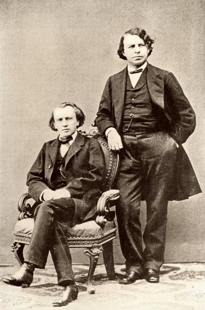 Johannes Brahms (1833-1897) compositor alemão, sentado, com Joseph Joachim (1831-1907) violinista e compositor húngaro e diretor do Conservatório de Berlim. Meio-tom de uma fotografia (impressão) de Unknown photographer