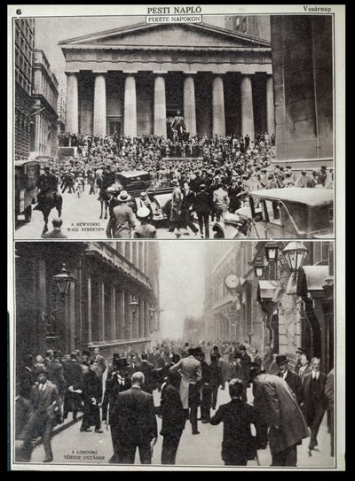 Em cima: Dias negros em Wall Street; em baixo: a Bolsa de Valores de Londres na altura do crash de 1929, de "Pesti Naplo de Unknown photographer