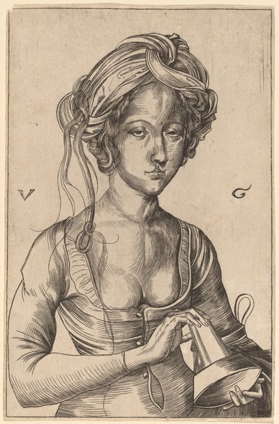 Uma figura de busto de uma virgem tola segurando sua lâmpada invertida de Urs Graf I after Martin Schongauer