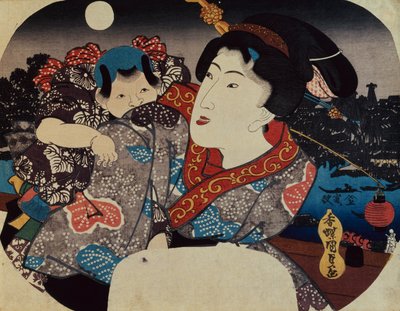 Uma mulher carregando uma criança nas costas (impressão em xilogravura) de Utagawa Kunisada
