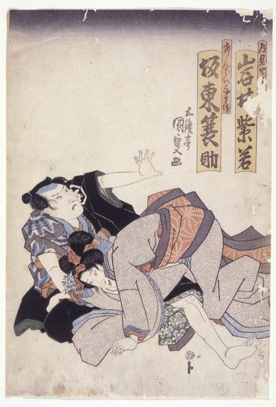 Iwai Shijaku And Band? Minosuke In Unread Roles (impressão em bloco de madeira a cores) de Utagawa (1786-1865) Kunisada