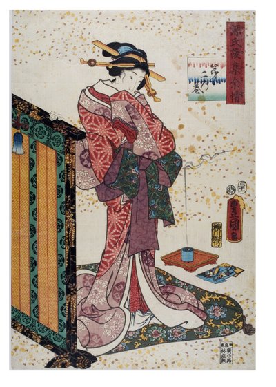 Senhora com a mão sobre biombo lacado, período Edo, c.1857 (xilogravura sobre papel) de Utagawa (1786-1865) Kunisada