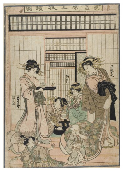 Cena do Shin Yoshiwara (Tríptico). Interior de bordel no bairro de Yoshiwara com cortesãs e clientes, c.1830-1843 (xilogravura sobre papel) de Utagawa (1786-1865) Kunisada