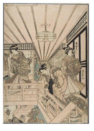 Cena do Shin Yoshiwara (Tríptico). Interior de bordel no bairro de Yoshiwara com cortesãs e clientes, c.1830-1843 (xilogravura sobre papel) de Utagawa (1786-1865) Kunisada
