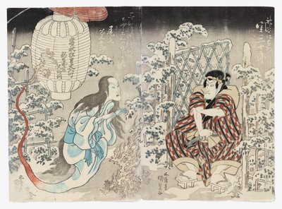 Seki Sanjūrō II como Kamiya Niemon e Onoe Kikugorō III de Kamigata (Kudari) como o Fantasma da Lanterna, Aplaudido nas Três Cidades (Sanganotsu gohyōban no chōchin no yūrei) de Utagawa (1786 1865) Kunisada