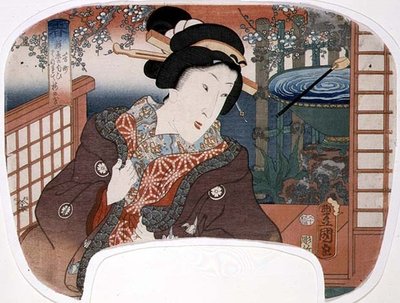 Primavera, Yoshi-cho; Uma gueixa num jardim, design para uma ventoinha de um conjunto de quatro ilustrando as estações do ano de Utagawa Kunisada