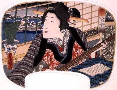 Winter, Shinobazu Pond; Uma gueixa praticando uma balada, design para um fã de um conjunto de quatro ilustrando as estações do ano de Utagawa Kunisada