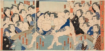 Combat de sumo entre Wahigayama e Jimmaru. Estampe de Kunisada (Toyokuni III), Utagawa (1786-1865). de Utagawa Kunisada
