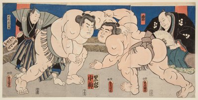 Luta dos lutadores de sumo Koyanagi e Kuroiwa. Impresso por Utagawa Kunisada (1786-1865) de Utagawa Kunisada