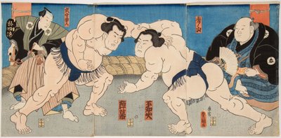 Combat des lutteurs de sumo Shiranui et Jimmaku. Estampe de Utagawa Kunisada (1786-1865), vers 1860 - Wrestling match Shiranui vs Jimmaku, de Kunisada (Toyokuni III), Utagawa (1786-1865). Lenha colorida de Utagawa Kunisada