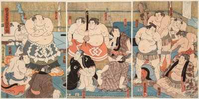 Luta dos lutadores de sumo Shitaky Beya e Hidenoyama. Impresso por Utagawa Kunisada (1786-1865) de Utagawa Kunisada