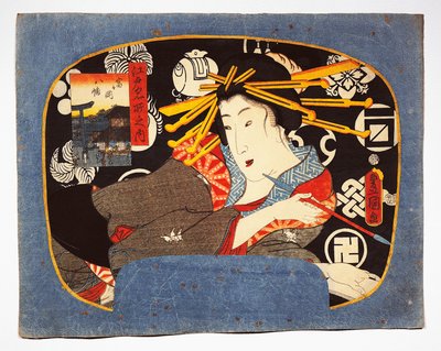 Courtesan com cano longo, templo Hachiman no interior à esquerda de Utagawa Kunisada