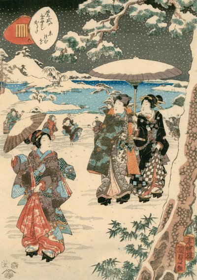 Figuras com Chapéus-de-sol na neve (Uma cena de The Tale of Genji) (xilogravura a cores sobre papel) de Utagawa (1786 1865) Kunisada