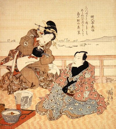 Onoe Kikugoro III tomando chá em Shinagawa, c.1825 (impressão em bloco de madeira colorida) (ver também 282741) de Utagawa Kunisada