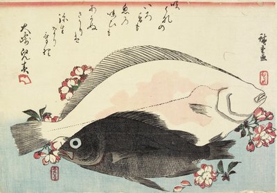 (Fluke e Black Bass, Cherry Blossoms) de Utagawa Hiroshige