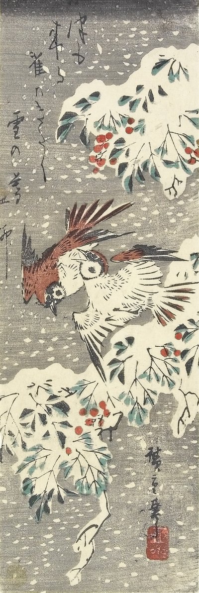 (Bambu Celestial e Pardais na Neve), 1830-1858 de Utagawa Hiroshige