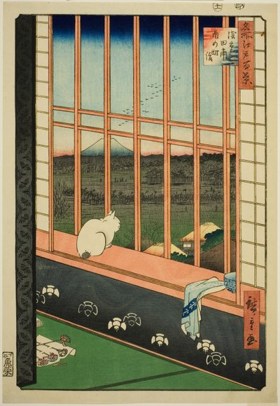 Asakusa lycee Fie lds plan d town feschival (A cidade de captura de campo de arroz de Asakusa também está listada), da série "Ridge d re d fa net views f Edo (famous place 100 views of Edo) ” de Utagawa Hiroshige