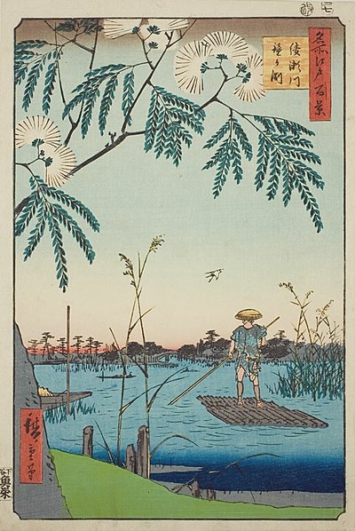 Rio Ayase e Kanegafuchi (Ayasegawa Kanegafuchi), n.º 63 da série "Cem vistas famosas de Edo (Meisho Edo hyakkei)" de Utagawa Hiroshige