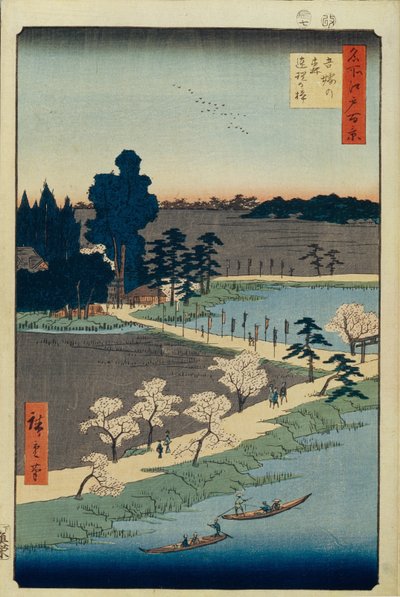 Santuário de Azuma no mori e a cânfora entrelaçada Cem vistas famosas de Edo, 1856-1858 de Utagawa Hiroshige