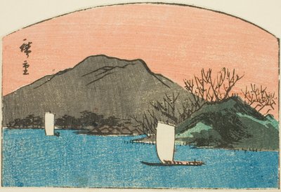Barcos no lago, seção de uma gravura sem título de harimaze de Utagawa Hiroshige